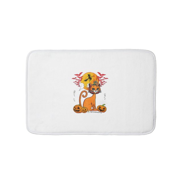 Cat Carved Pumpkin Horror Head Halloween Owner Lov Bath Mat (Front)
