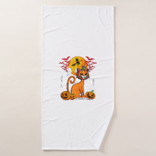Cat Carved Pumpkin Horror Head Halloween Owner Lov Bath Towel