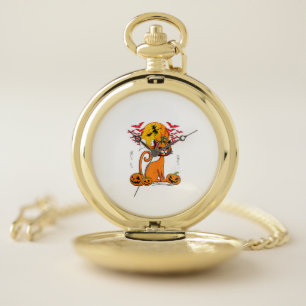 Cat Carved Pumpkin Horror Head Halloween Owner Lov Pocket Watch