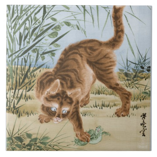 Cat Catching A Frog Ceramic Tile