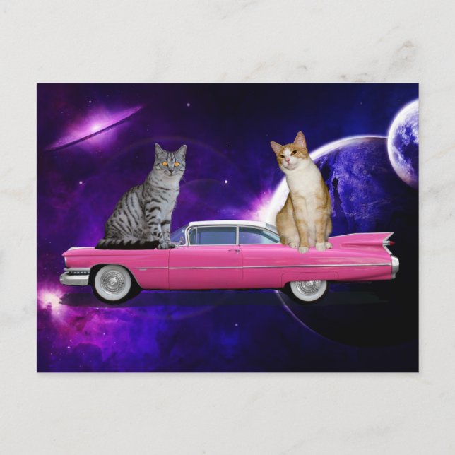 CAT CATS IN SPACE ON A PINK CADDY POSTCARD (Front)