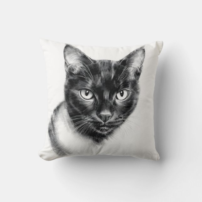Cat Charcoal Throw Pillow (Front)
