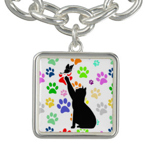 Cat Chasing a butterfly on Cute Paw Pattern Bracelet