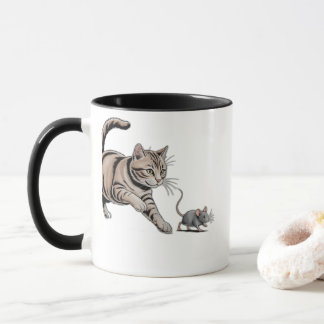 Cat Chasing Mouse Funny Animal Hunt Illustration Mug