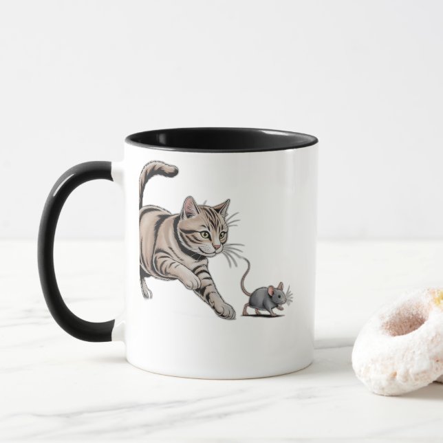 Cat Chasing Mouse Funny Animal Hunt Illustration Mug (With Donut)