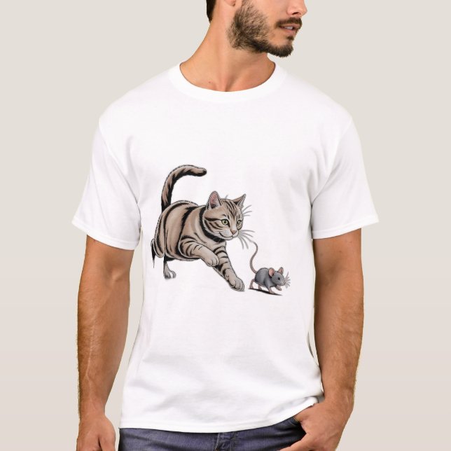 Cat Chasing Mouse Funny Animal Hunt T-Shirt (Front)