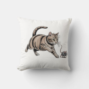 Cat Chasing Mouse Funny Animal Hunt Throw Pillow