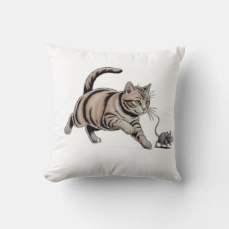 Cat Chasing Mouse Funny Animal Hunt Throw Pillow