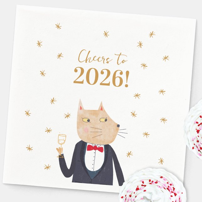 Cat Cheers to 2026 New Year Napkins (Fun Cat in a Tuxedo and Bow Tie New Year 2026 party paper napkin)