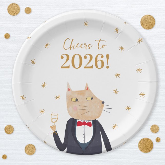 Cat Cheers to 2026 New Year Paper Plates (Fun Cat in a Tuxedo and Bow Tie New Year 2026 party paper plates)