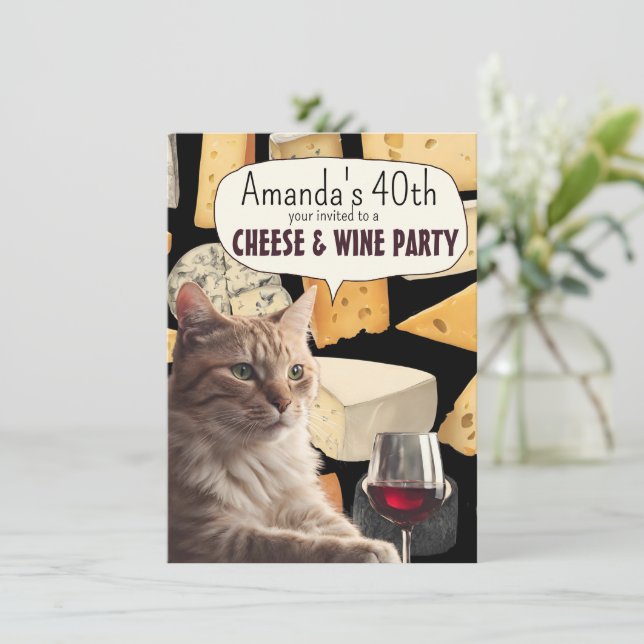 Cat Cheese and wine party funny invite party (Standing Front)