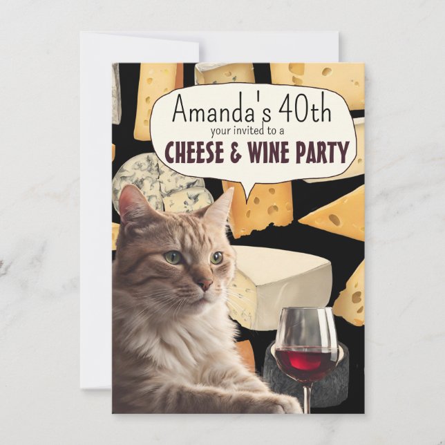 Cat Cheese and wine party funny invite party (Front)