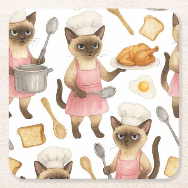Cat Chef is cooking Breakfast  Square Paper Coaster (Front)