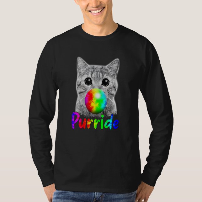 Cat Chewing Bubble Gum Purride LGBQ Pride Flag Com T-Shirt (Front)