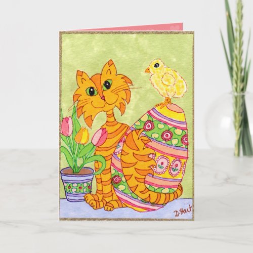 Cat & Chick with Egg & Tulips Folk Art Easter Holiday Card