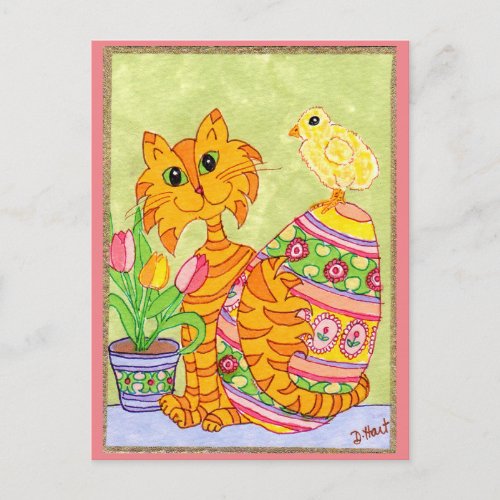 Cat  Chick with Egg  Tulips Folk Art Easter Holiday Postcard