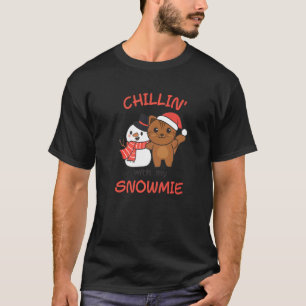 Cat Chillin With My Snowmie Snowman Pun T-Shirt
