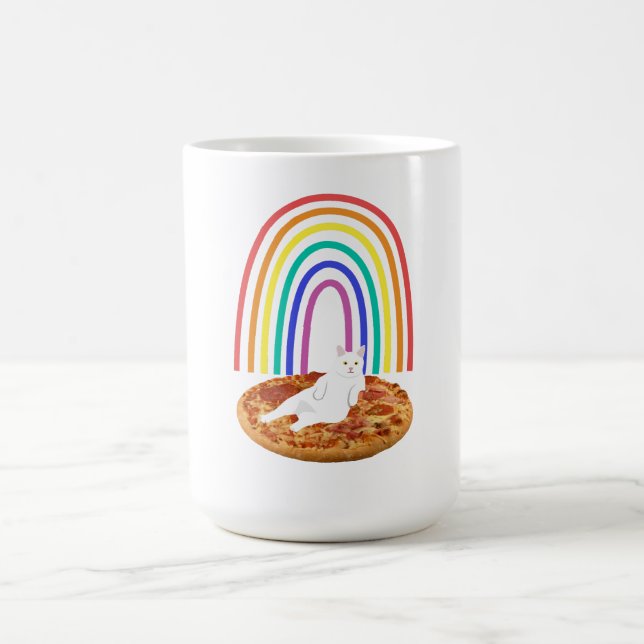 Cat chilling on pizza rainbow coffee mug (Center)