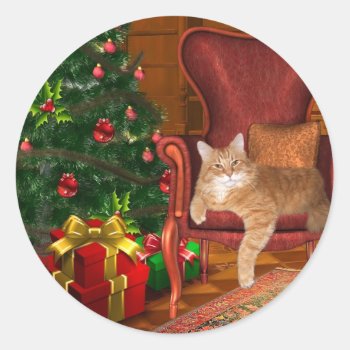 Cat Christmas Classic Round Sticker by deemac2 at Zazzle
