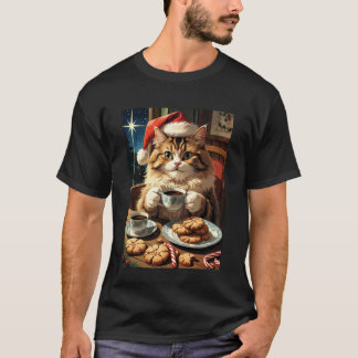 Cat & Christmas Cookies Tee, Cute Cat Santa Hat Fu T-Shirt