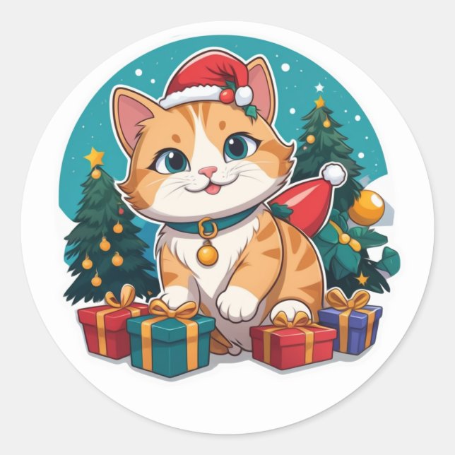 Cat Christmas Day Classic Round Sticker (Front)