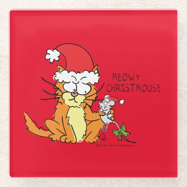 Cat  Christmas Funny Cartoon Cute Mouse Glass Coaster (Front)