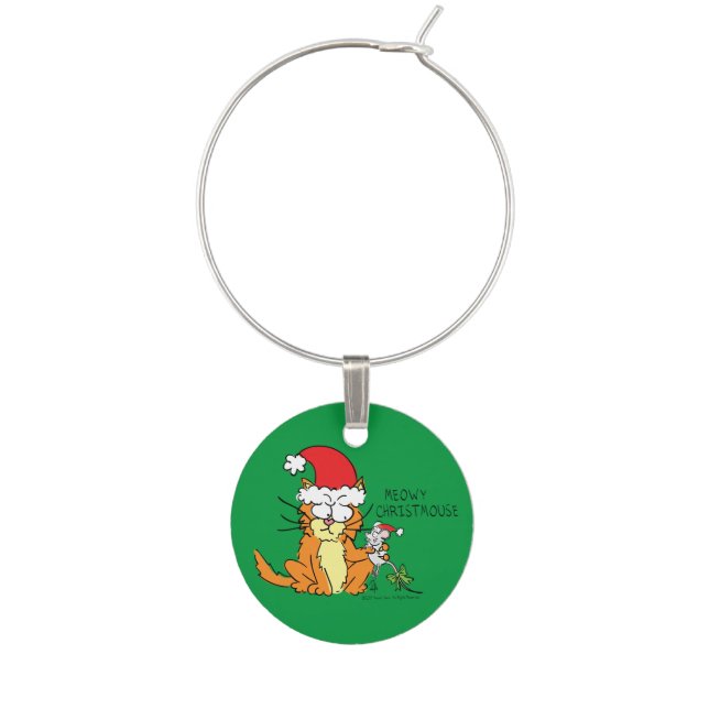 Cat  Christmas Funny Cartoon Cute Mouse Wine Charm (Front)