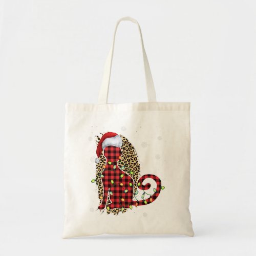 Cat Christmas Leopard Buffalo Plaid Red Santa Hat  Tote Bag