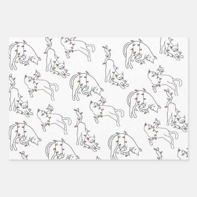 Cat Christmas Light Fun Holiday Wrapping Paper Sheets (Front)