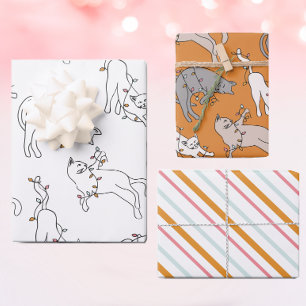 Cat Christmas Light Pink Wrapping Paper Sheets
