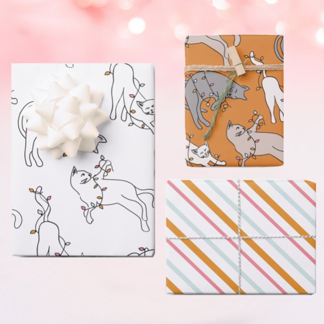 Cat Christmas Light Pink Wrapping Paper Sheets (Creator Uploaded)