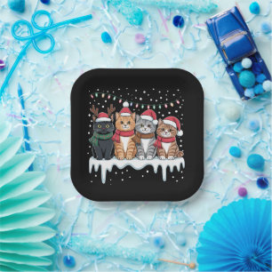 Cat Christmas Light Reindeer Santa Cat Lover Paper Plates