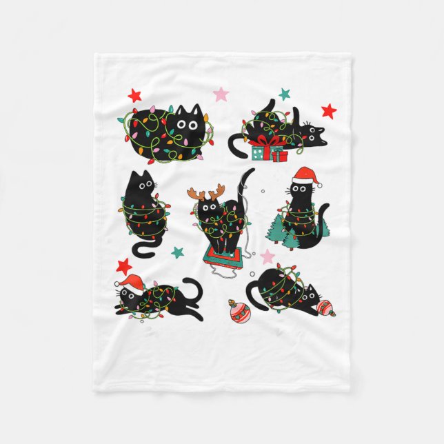 Cat Christmas Light Reindeer Santa Christmas Cat L Fleece Blanket (Front)
