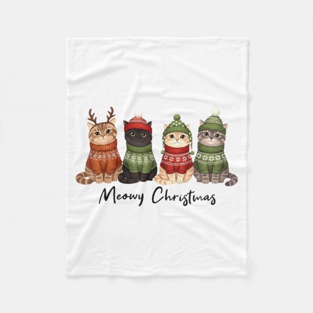 Cat Christmas Light Reindeer Santa Meowy Christmas Fleece Blanket (Front)