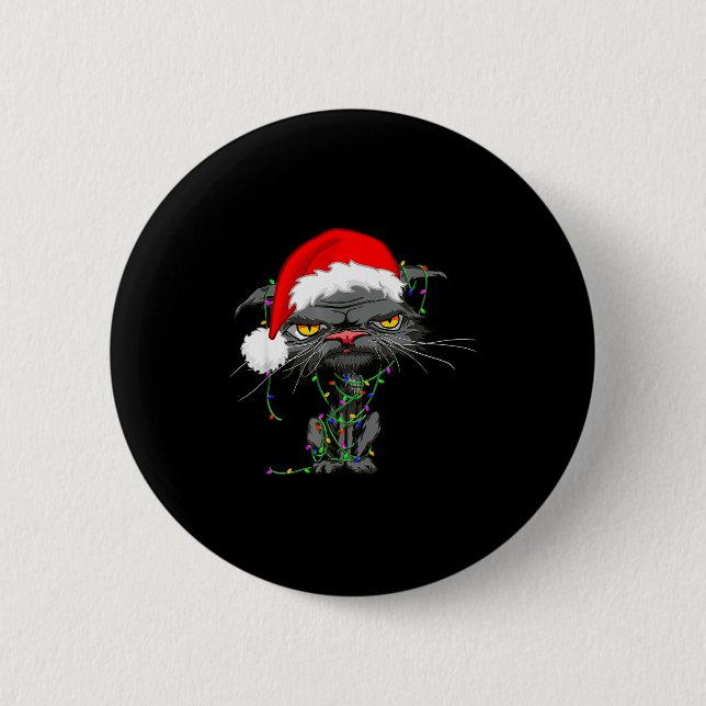 Cat Christmas Lights Bored Cat Santa Hat Funny Cat Button (Front)