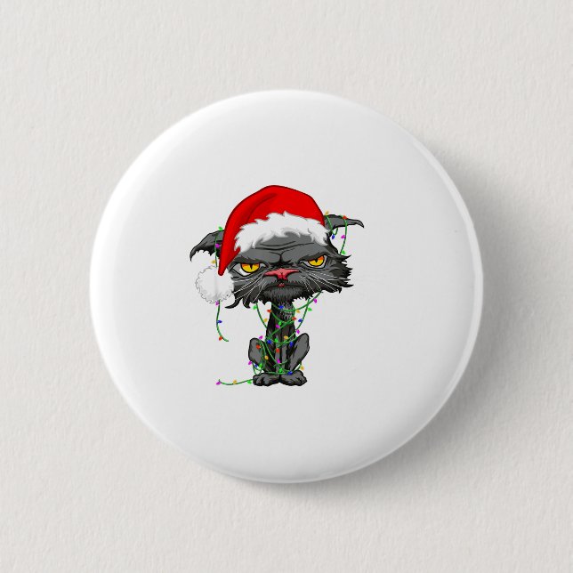 Cat Christmas Lights Bored Cat Santa Hat Funny Cat Button (Front)