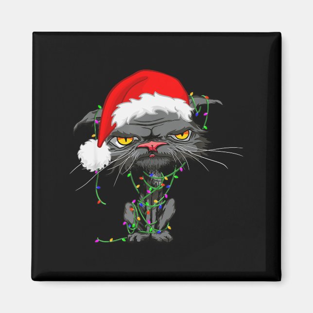 Cat Christmas Lights Bored Cat Santa Hat Funny Cat Magnet (Front)