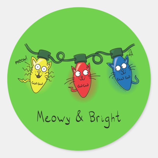 Cat Christmas Lights Funny Meowy and Bright Classic Round Sticker (Front)