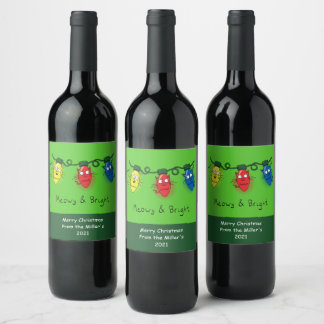 Cat Christmas Lights Funny Meowy and Bright Wine Label