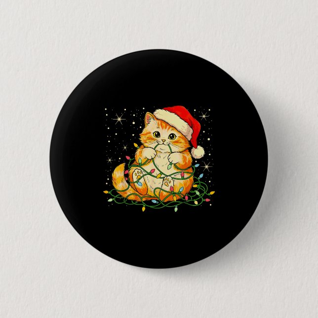 Cat Christmas Lights Santa Hat Xmas Cats Lover Pet Button (Front)