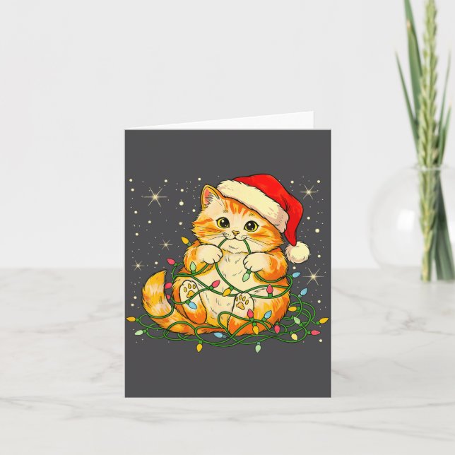 Cat Christmas Lights Santa Hat Xmas Cats Lover Pet Card (Front)