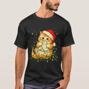 Cat Christmas Lights Santa Hat Xmas Cats Lover Pet T-Shirt