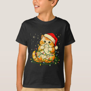 Cat Christmas Lights Santa Hat Xmas Cats Lover Pet T-Shirt