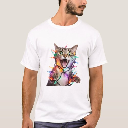 Cat Christmas Lights Tangled Up In Tree Holiday T_Shirt