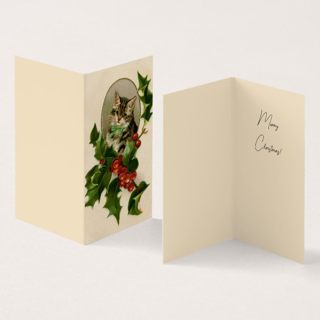 Cat Christmas Merry Holly Kitten Antique Art (Inside and Outside)