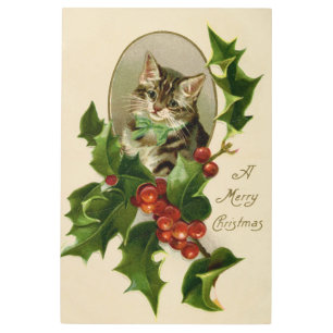 Cat Christmas Merry Holly Kitten Antique Art