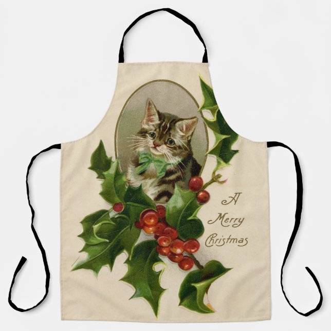Cat Christmas Merry Holly Kitten Antique Art Apron (Front)