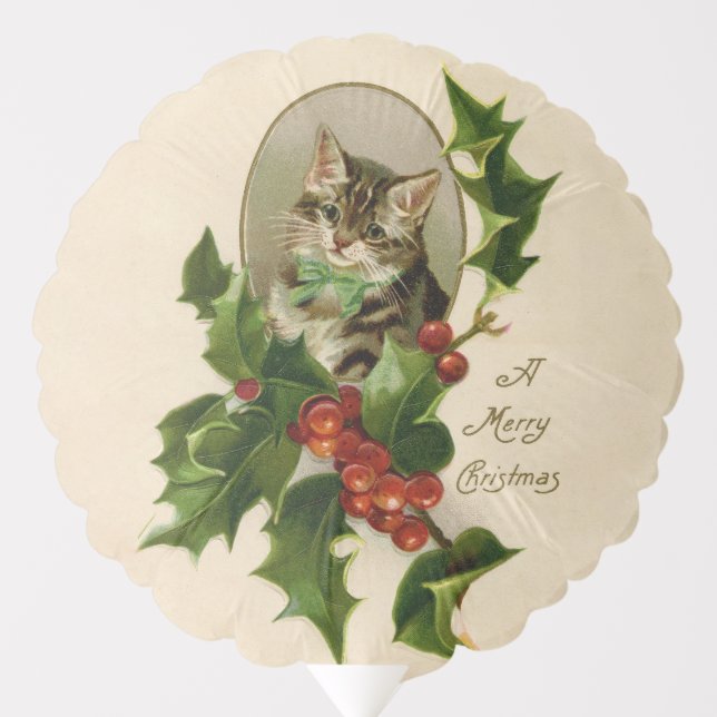 Cat Christmas Merry Holly Kitten Antique Art Balloon (Front)