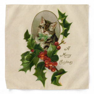 Cat Christmas Merry Holly Kitten Antique Art Bandana