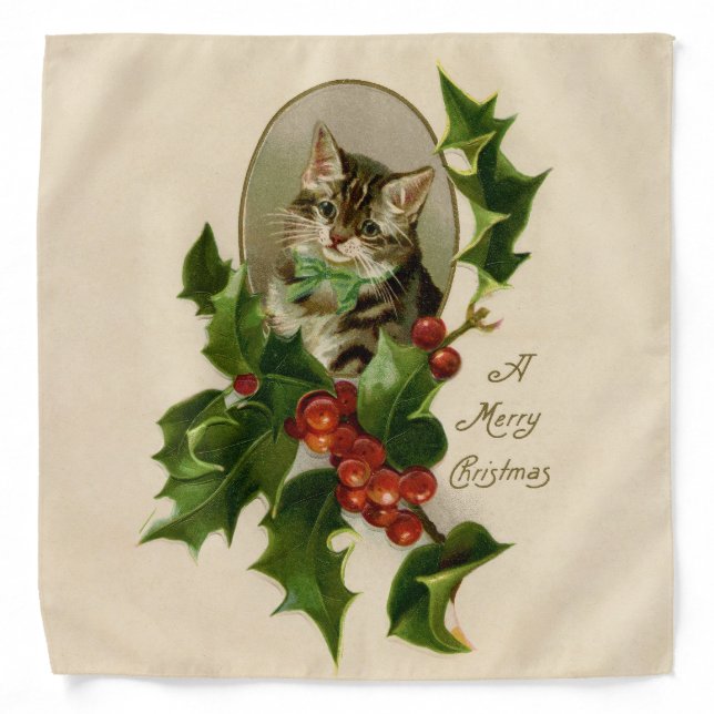 Cat Christmas Merry Holly Kitten Antique Art Bandana (Front)